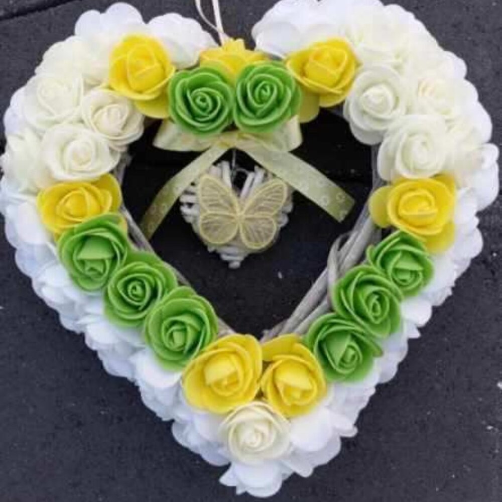 Heart Wreath Yellow Green Foam Roses Wall Hanger Door Home Office Decoration